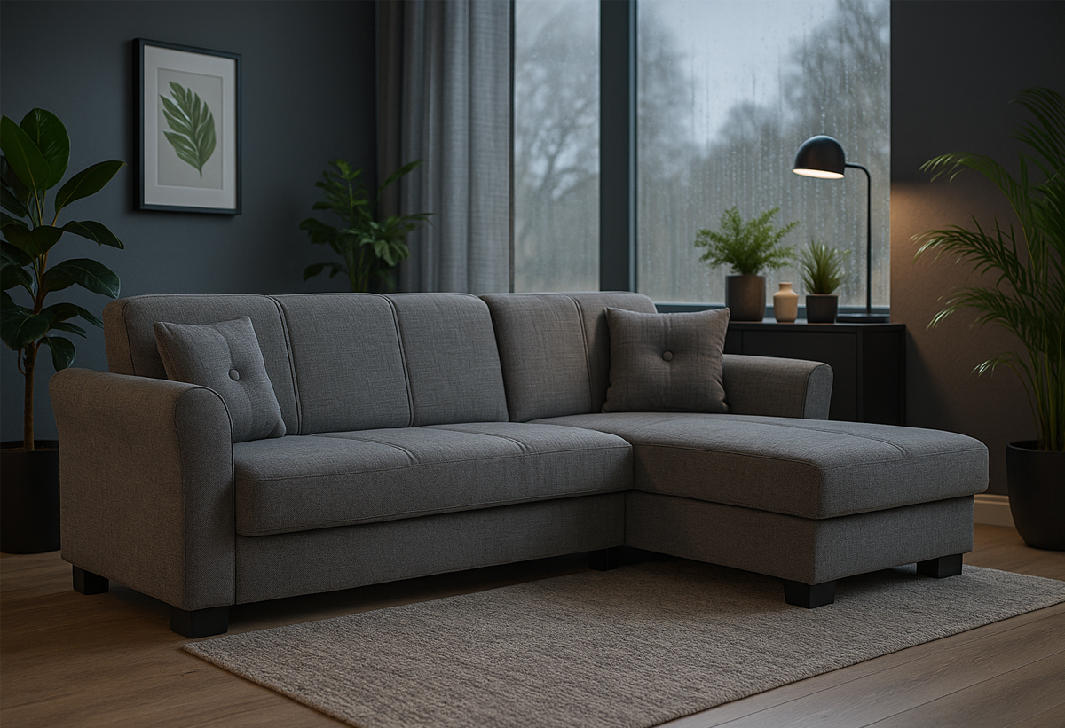 Απεικονίζεται ογωνιακός καναπές-κρεβάτι σε ένα σαλόνι.